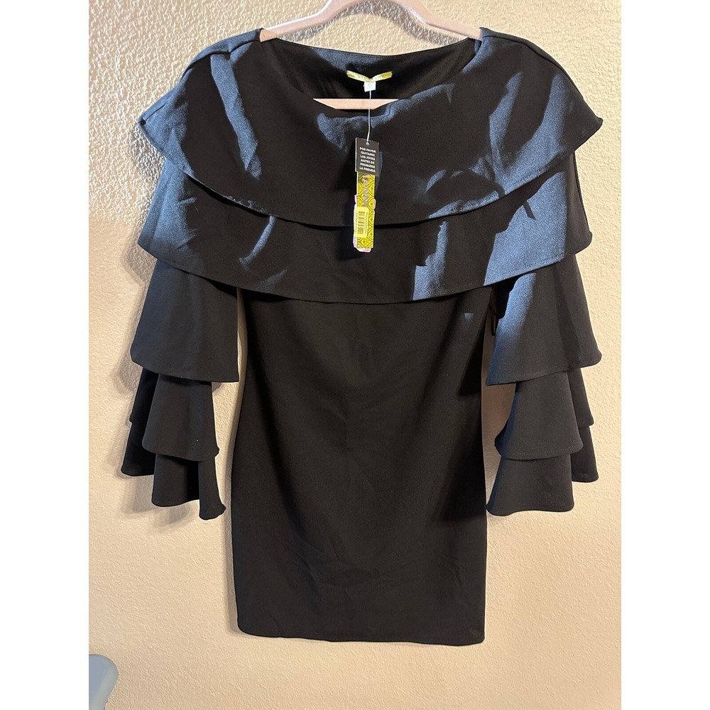 Gianni Bini Black Dress Ruffle Tiered Long Sleeve Party Cocktail XS